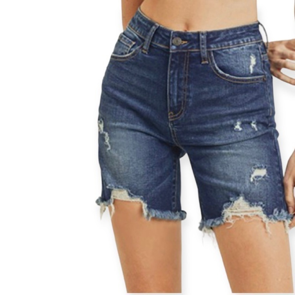 Risen NWT Alaina High Waist Distressed Long Denim Shorts Womens Size Small New